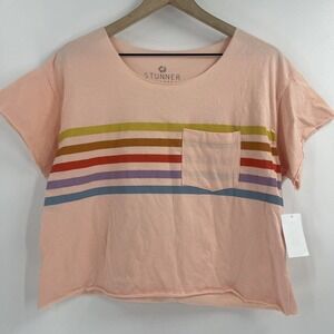 Stunner California Women's Raw Hem Cropped T-Shirt-Buff Pink/Rainbow-Size Medium